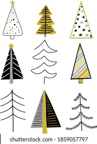 Trendy vector set of Christmas trees in gold, silver, black and gray colors. Christmas mood. Doodle firs decorated with stripes, dots and snowflakes. Creative minimalistic concept of Cristmas trees.