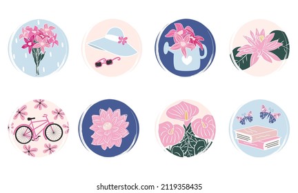 trendy Vector set of colorful hand drawn logo design templates, icons and badges for social media highlight with cute fashion springtime elements and flowers	