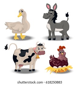 Trendy vector set with cute goose, donkey, hen and cow. farm animals set