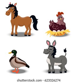 Trendy vector set with cute horse, donkey, quail and hen. farm animals set