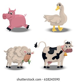 Trendy vector set with cute pink pig, goose, sheep and cow. farm animals set