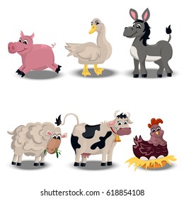 Trendy vector set with cute pink pig, goose, sheep, donkey, hen and cow. farm animals set