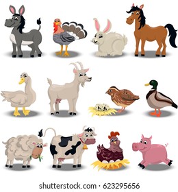 Trendy vector set with cute pink pig, goose, sheep, cow. horse, duck, quail, donkey and others farm animals set