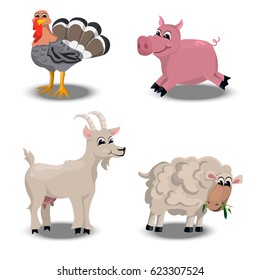 Trendy vector set with cute pink pig, turkey for thanksgiving Celebration Design., sheep and goat. farm animals set