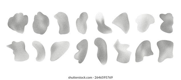 Trendy vector set of fluid black halftone dotted gradient organic shapes. Abstract liquid freehand stains with half tone dots texture for business design, banner, ui app