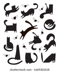 Trendy vector set of freehand drawn cat shapes for print, textile, t-shirts, cards, stickers, posters. Illustration of black and white kittens who sleep, play, run and hearts with wings.