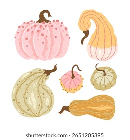 Trendy vector set of hand-drawn pastel pumpkins and gourds in warm fall tones. Cozy and textured illustration perfect for Thanksgiving, Halloween, or autumn decor. Isolated on white background