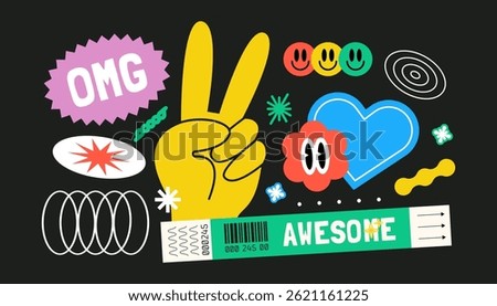 Trendy Vector Set of Retro Labels – Festival Vibes with Groovy Emojis, Quotes, Bracelets, Peace Icons and More in Bright Neon Style