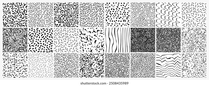 A trendy vector set of seamless Memphis-style patterns featuring grunge textures, scribbles, and doodles. Perfect for fashion designs, wrapping paper, and adding a bold, artistic touch to any project!