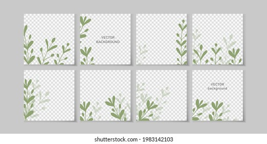 Trendy vector set for Social media stories and post, mobile apps, banners design, web ads. Template squared background with copy space and tropical leaves. Editable frame, mockup for advertising.