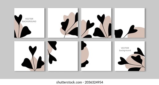 Trendy vector set for Social media stories and post, mobile apps, banners design, web ads. Template squared background with copy space and tropical leaves. Editable frame, mockup for advertising.