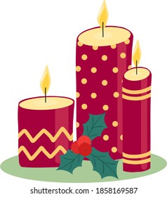 Trendy vector set of three burning candles with a holly branch and berries. Christmas celebration. Winter holidays spirit. 