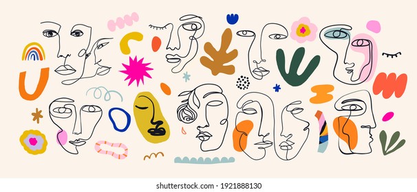 Trendy vector set various faces illustrations in minimal continuous line style  Hand drawn vector fashionable collection 
