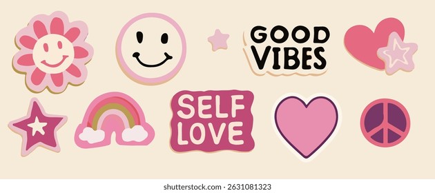 Trendy vector sticker set with flowers, rainbow, peace sign, and positive quotes in retro pastel colors. It features a playful 70s-inspired style, popular in modern dopamine decor.