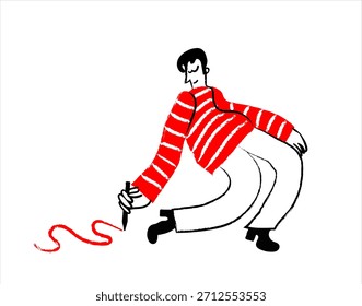 Una persona estilizada de Vector de moda en poses dinámicas dibujando activamente líneas y Formas con bolígrafos y lápices, perfecta para la promoción de talleres creativos de arte y conceptos de diseño abstracto.