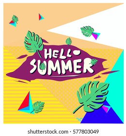 Trendy vector summer cards illustration with floral elements and abstract colorful textures. Design for poster, card, invitation, brochure, and promotion template. Fashion art print and background.