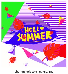 Trendy vector summer cards illustration with floral elements and abstract colorful textures. Design for poster, card, invitation, brochure, and promotion template. Fashion art print and background.