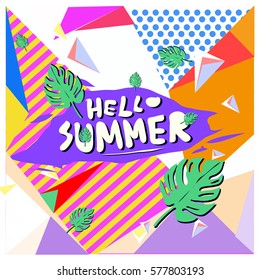 Trendy vector summer cards illustration with floral elements and abstract colorful textures. Design for poster, card, invitation, brochure, and promotion template. Fashion art print and background.