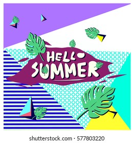 Trendy vector summer cards illustration with floral elements and abstract colorful textures. Design for poster, card, invitation, brochure, and promotion template. Fashion art print and background.