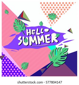 Trendy vector summer cards illustration with floral elements and abstract colorful textures. Design for poster, card, invitation, brochure, and promotion template. Fashion art print and background.