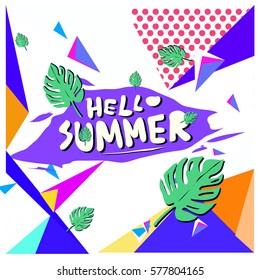 Trendy vector summer cards illustration with floral elements and abstract colorful textures. Design for poster, card, invitation, brochure, and promotion template. Fashion art print and background.