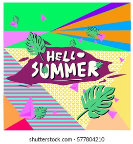 Trendy vector summer cards illustration with floral elements and abstract colorful textures. Design for poster, card, invitation, brochure, and promotion template. Fashion art print and background.