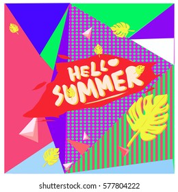 Trendy vector summer cards illustration with floral elements and abstract colorful textures. Design for poster, card, invitation, brochure, and promotion template. Fashion art print and background.