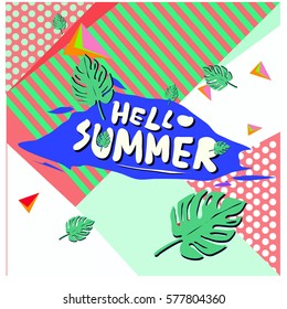 Trendy vector summer cards illustration with floral elements and abstract colorful textures. Design for poster, card, invitation, brochure, and promotion template. Fashion art print and background.