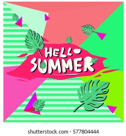 Trendy vector summer cards illustration with floral elements and abstract colorful textures. Design for poster, card, invitation, brochure, and promotion template. Fashion art print and background.
