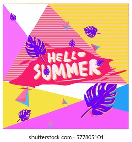 Trendy vector summer cards illustration with floral elements and abstract colorful textures. Design for poster, card, invitation, brochure, and promotion template. Fashion art print and background.