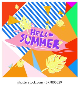 Trendy vector summer cards illustration with floral elements and abstract colorful textures. Design for poster, card, invitation, brochure, and promotion template. Fashion art print and background.
