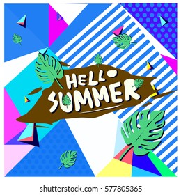 Trendy vector summer cards illustration with floral elements and abstract colorful textures. Design for poster, card, invitation, brochure, and promotion template. Fashion art print and background.