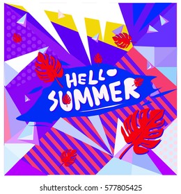 Trendy vector summer cards illustration with floral elements and abstract colorful textures. Design for poster, card, invitation, brochure, and promotion template. Fashion art print and background.