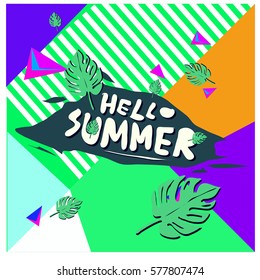 Trendy vector summer cards illustration with floral elements and abstract colorful textures. Design for poster, card, invitation, brochure, and promotion template. Fashion art print and background.