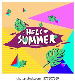 Trendy vector summer cards illustration with floral elements and abstract colorful textures. Design for poster, card, invitation, brochure, and promotion template. Fashion art print and background.