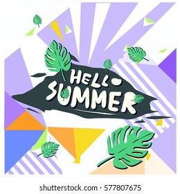Trendy vector summer cards illustration with floral elements and abstract colorful textures. Design for poster, card, invitation, brochure, and promotion template. Fashion art print and background.