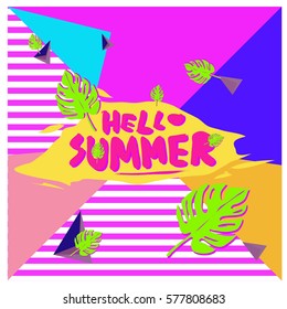 Trendy vector summer cards illustration with floral elements and abstract colorful textures. Design for poster, card, invitation, brochure, and promotion template. Fashion art print and background.