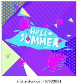 Trendy vector summer cards illustration with floral elements and abstract colorful textures. Design for poster, card, invitation, brochure, and promotion template. Fashion art print and background.