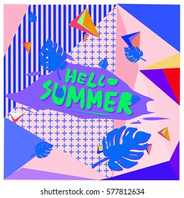 Trendy vector summer cards illustration with floral elements and abstract colorful textures. Design for poster, card, invitation, brochure, and promotion template. Fashion art print and background.