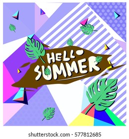 Trendy vector summer cards illustration with floral elements and abstract colorful textures. Design for poster, card, invitation, brochure, and promotion template. Fashion art print and background.