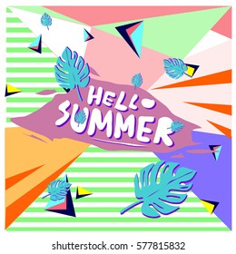 Trendy vector summer cards illustration with floral elements and abstract colorful textures. Design for poster, card, invitation, brochure, and promotion template. Fashion art print and background.