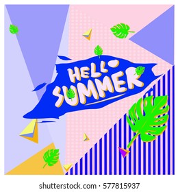 Trendy vector summer cards illustration with floral elements and abstract colorful textures. Design for poster, card, invitation, brochure, and promotion template. Fashion art print and background.