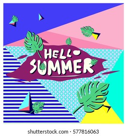 Trendy vector summer cards illustration with floral elements and abstract colorful textures. Design for poster, card, invitation, brochure, and promotion template. Fashion art print and background.