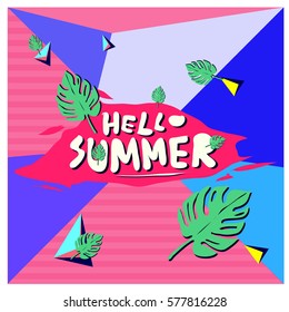 Trendy vector summer cards illustration with floral elements and abstract colorful textures. Design for poster, card, invitation, brochure, and promotion template. Fashion art print and background.