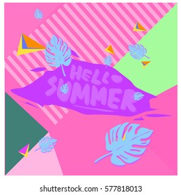 Trendy vector summer cards illustration with floral elements and abstract colorful textures. Design for poster, card, invitation, brochure, and promotion template. Fashion art print and background.