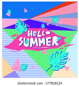 Trendy vector summer cards illustration with floral elements and abstract colorful textures. Design for poster, card, invitation, brochure, and promotion template. Fashion art print and background.