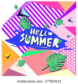 Trendy vector summer cards illustration with floral elements and abstract colorful textures. Design for poster, card, invitation, brochure, and promotion template. Fashion art print and background.