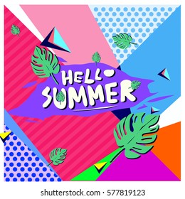 Trendy vector summer cards illustration with floral elements and abstract colorful textures. Design for poster, card, invitation, brochure, and promotion template. Fashion art print and background.
