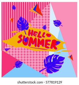 Trendy vector summer cards illustration with floral elements and abstract colorful textures. Design for poster, card, invitation, brochure, and promotion template. Fashion art print and background.