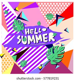 Trendy vector summer cards illustration with floral elements and abstract colorful textures. Design for poster, card, invitation, brochure, and promotion template. Fashion art print and background.